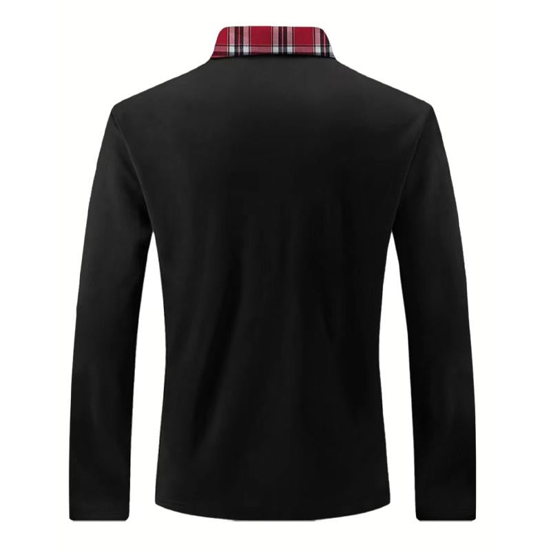Men's Lapel Plaid Patchwork Long-sleeved Sports Polo Shirt 36877231X
