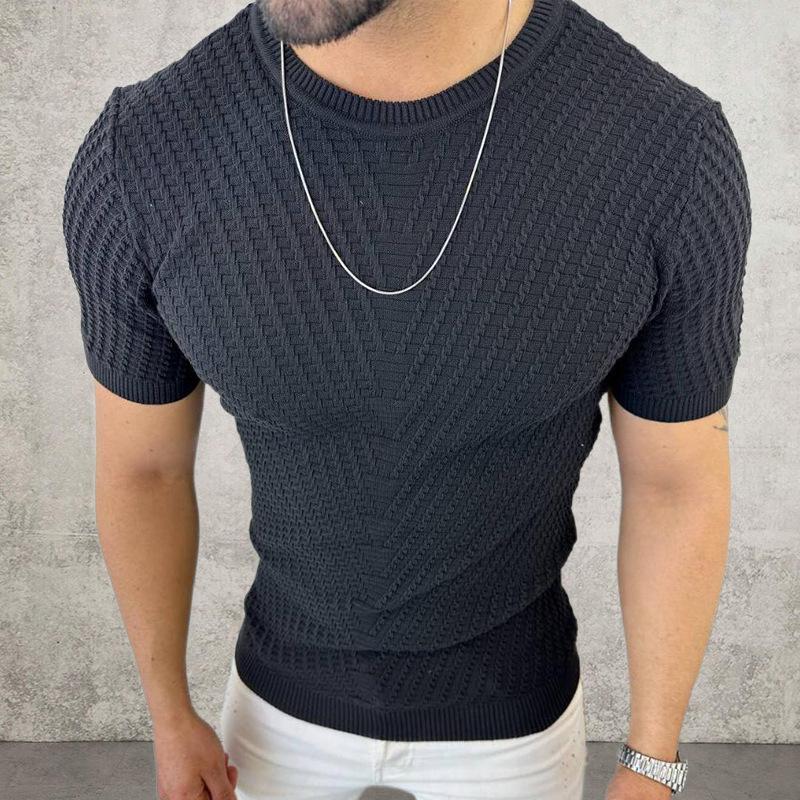 Men's Casual Round Neck Slim Short Sleeve Jacquard Sweater 59747785M