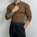Men's Solid Striped Lapel Long Sleeve Casual Polo Shirt 78081957Z