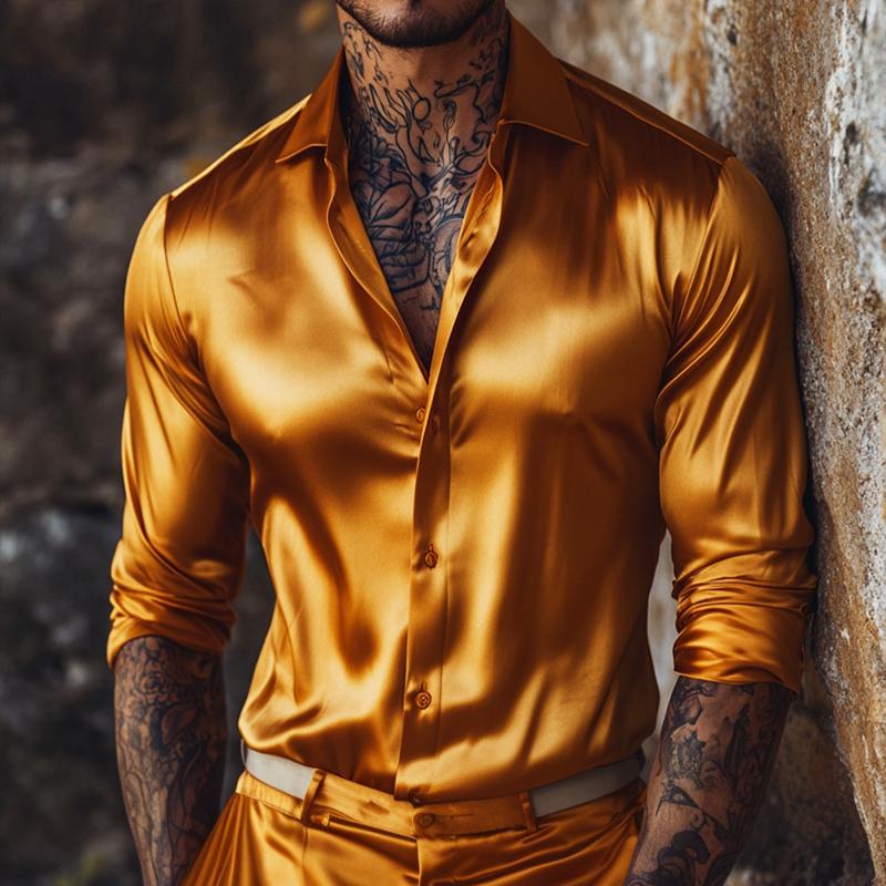 Men's Retro Casual Solid Color Lapel Long Sleeve Shirt 37099619TO