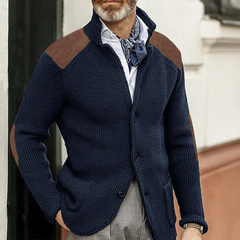 Blazer lavorato a maglia a maniche lunghe con colletto alto vintage da uomo, modello patchwork, slim fit 67697292M