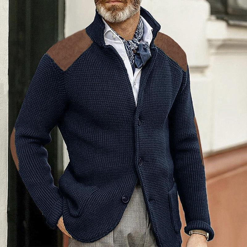Men's Vintage Stand Collar Patchwork Slim Long Sleeve Knitted Blazer 67697292M