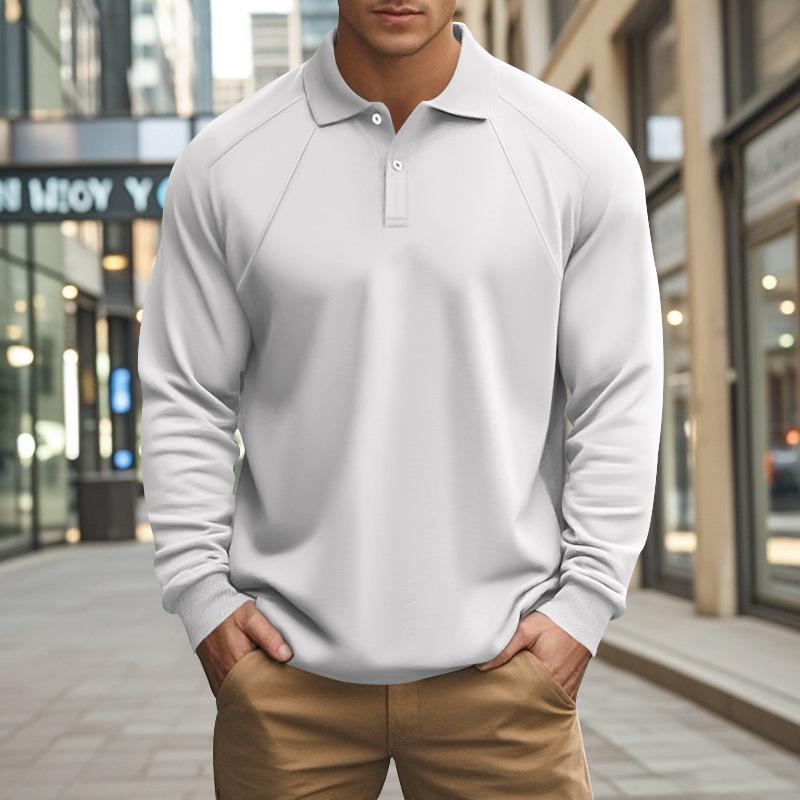 Men's Casual Solid Color Lapel Raglan Long Sleeve Polo Shirt 47889552M