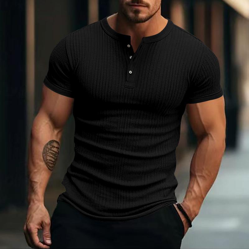 T-shirt Henley à manches courtes en tricot extensible décontracté pour hommes 00095453X