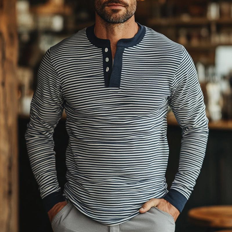 Men's Blue and White Striped Three-button Long-sleeved T-shirt 85058431U