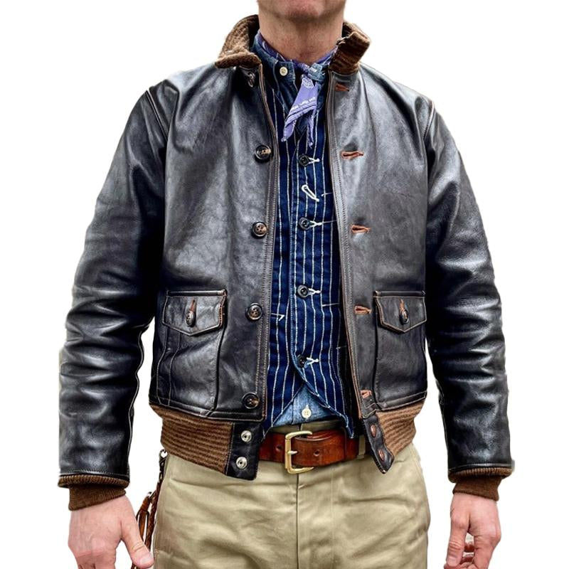 Men's Vintage Colorblock Multi-Pocket Leather Jacket 83820429Y