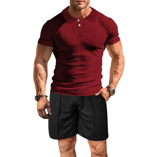 Men's Casual Solid Color Lapel Short-Sleeved T-Shirt Sports Shorts Set 66357969M