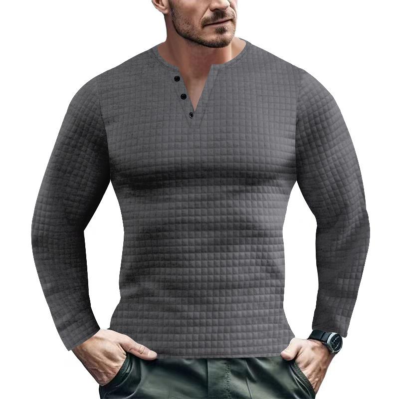 Men's Casual Solid Color Waffle Henley Collar Long Sleeve Sweatshirt 00235350Y
