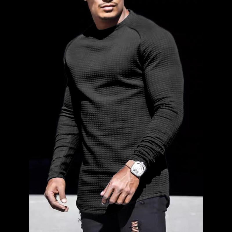 Men's Casual Solid Color Waffle Round Neck Long Sleeve T-Shirt 26370676Y