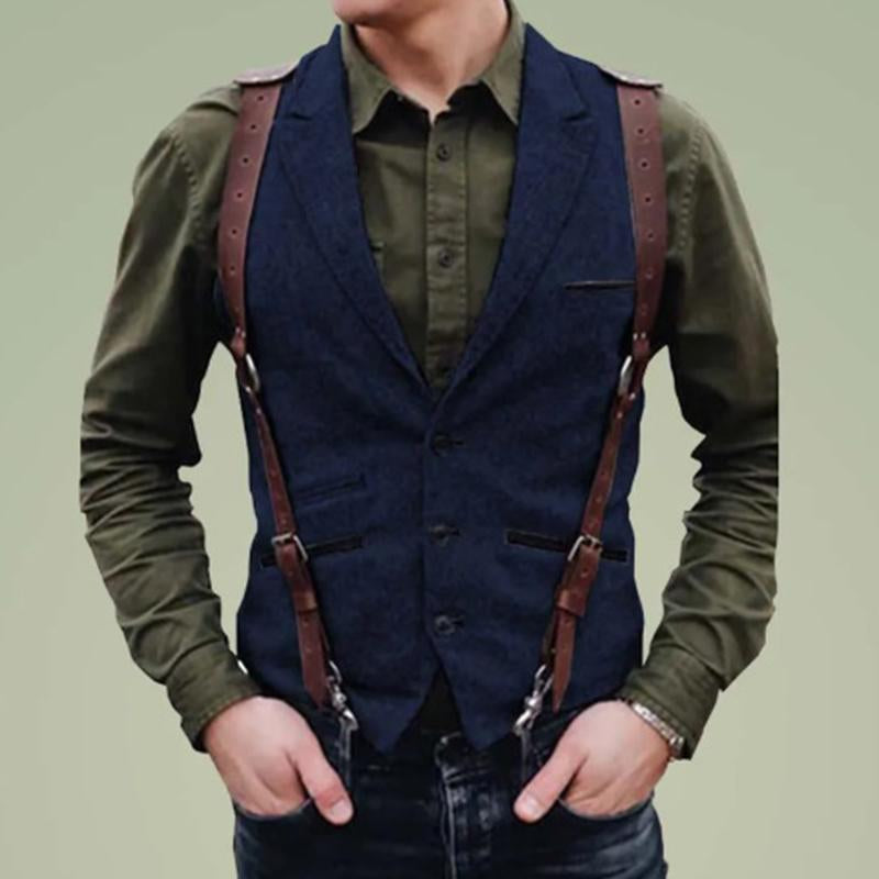 Men's Vintage Lapel Single-Breasted Multi-pocket Herringbone Vest 59356841M