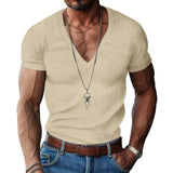 Men's Solid Color Corduroy V Neck Short Sleeve T-shirt 84493795Z