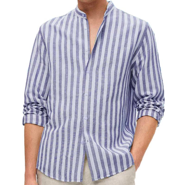 Men's Vintage Stripe Stand Collar Long Sleeve Shirt Shirt 50346637Y