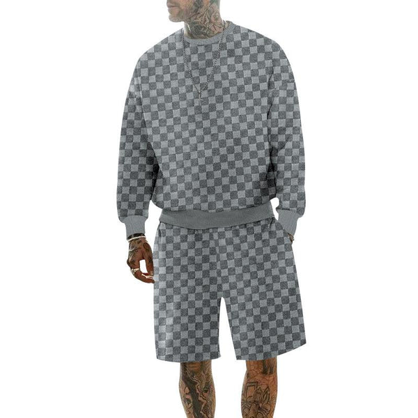 Men's Casual Checkerboard Round Neck Loose Long-sleeved Sweatshirt Sports Shorts Set 53822799M