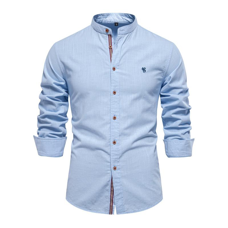 Men's Casual Cotton Linen Blended Stand Collar Slim Long Sleeve Shirt 21204965M