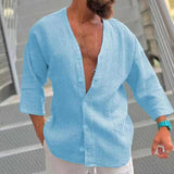 Men's Solid Color Loose Casual Retro Cropped Sleeve Shirt 99343489X