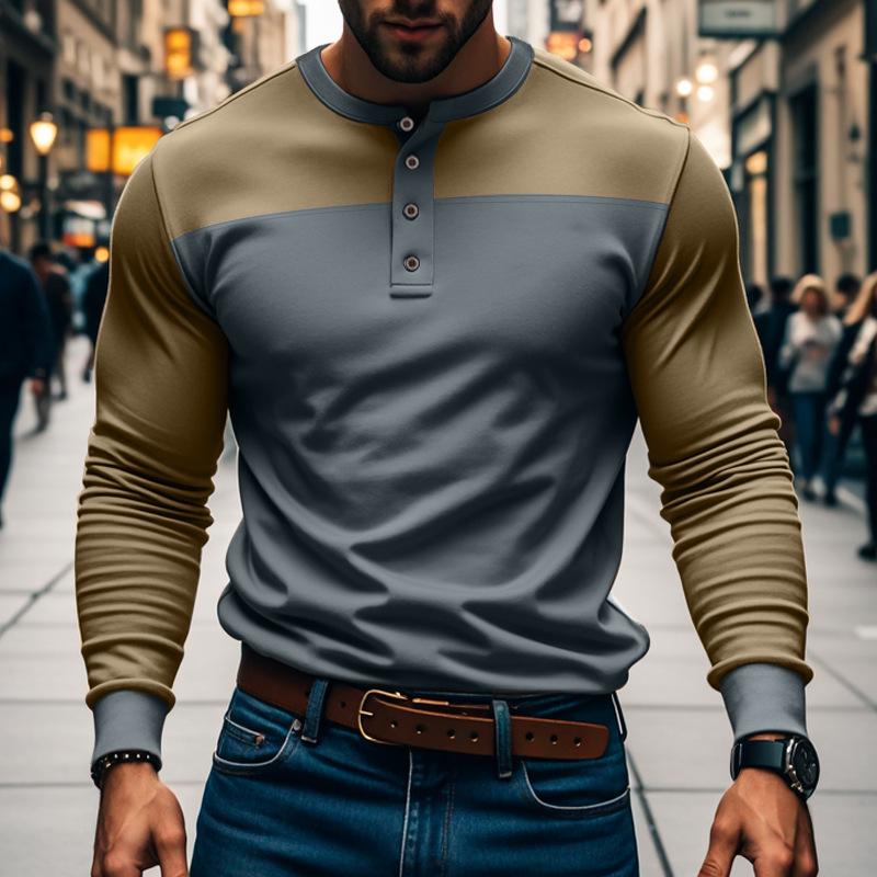 Men's Slim Fit Long Sleeve Paneled Bottoming Henley T-Shirt 88312026X