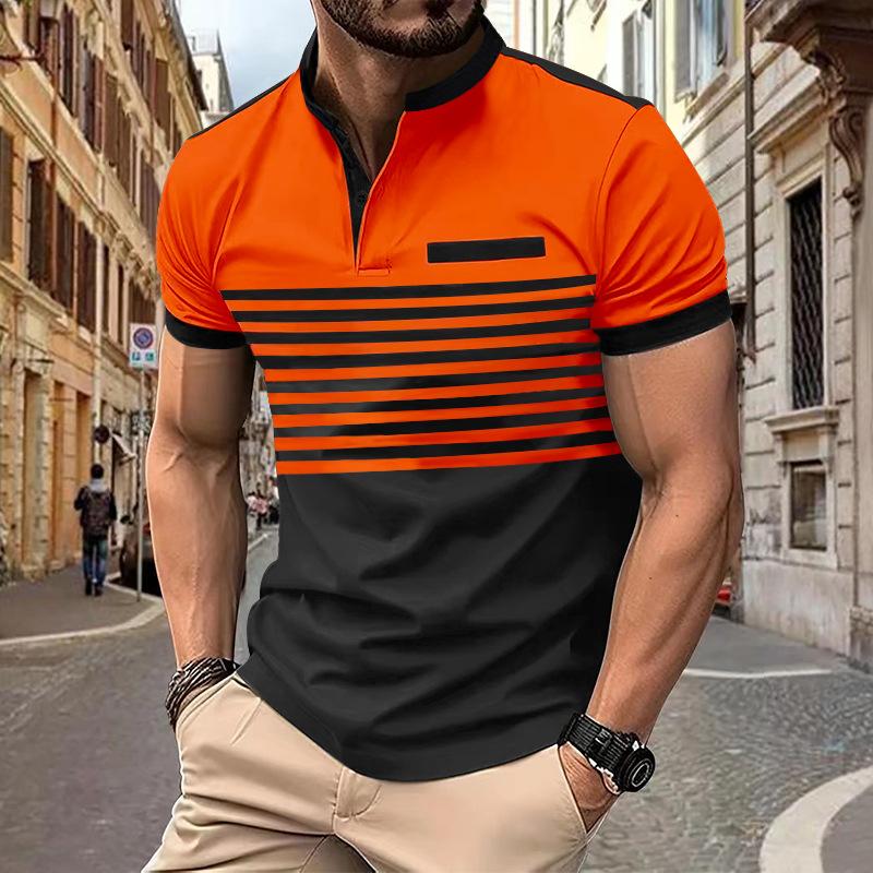 Men's Colorblock Striped Henley Collar Short Sleeve Casual T-shirt 07381888Z