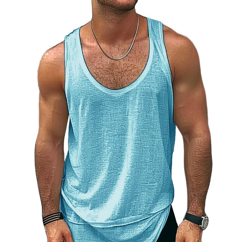 Men's Casual Cotton Linen Breathable U-neck Slim Fit Tank Top 79123904M