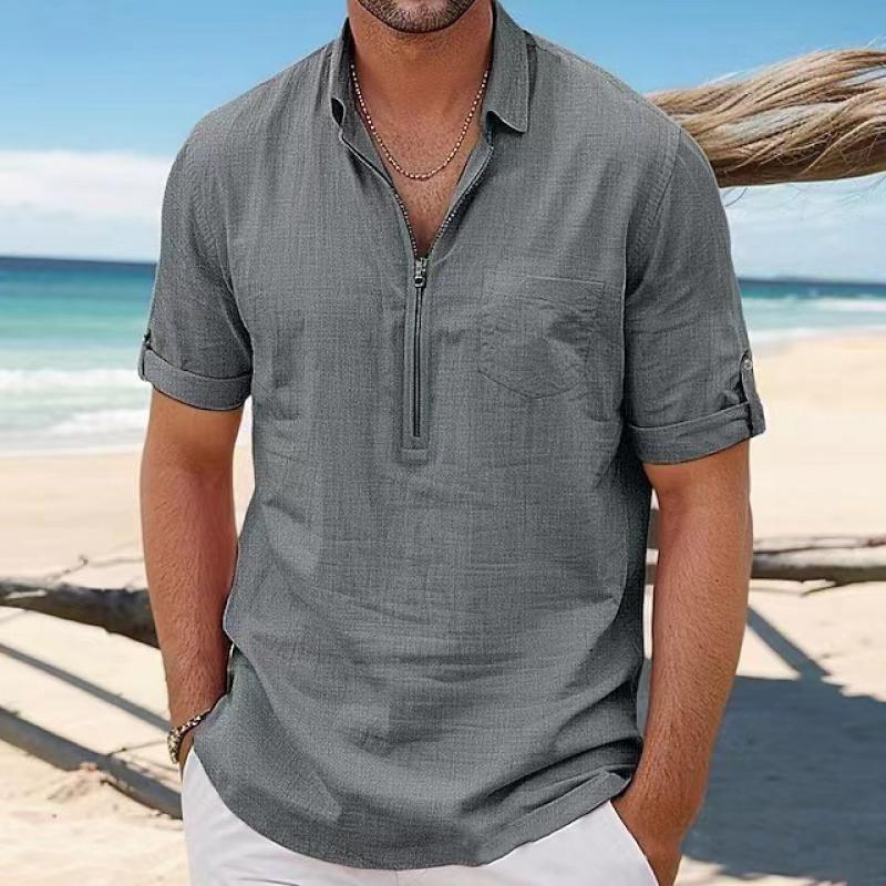 Men's Casual Cotton Linen Zipper Lapel Short-sleeved Pullover Shirt 48928085M