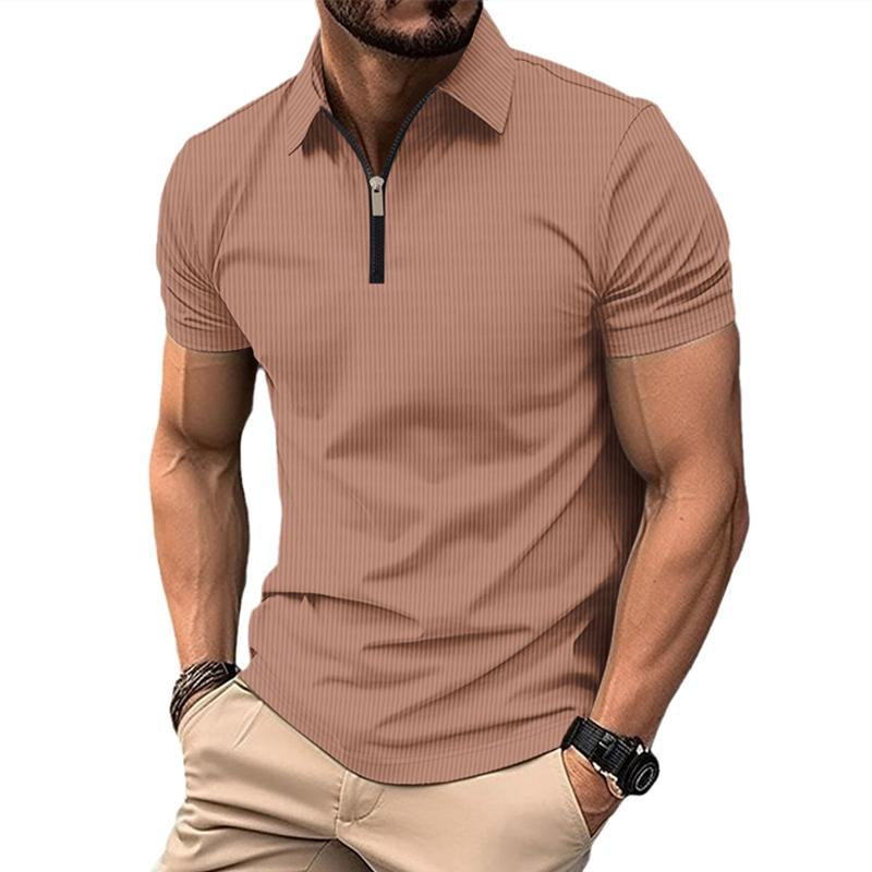 Men's Lapel Zipper Solid Color Short Sleeve POLO Shirt 13921869X