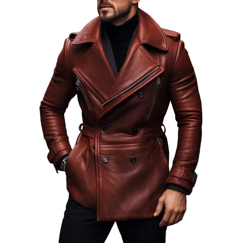 Men's Vintage Notched Lapel Double Breasted Belt Leather Coat 69214111M