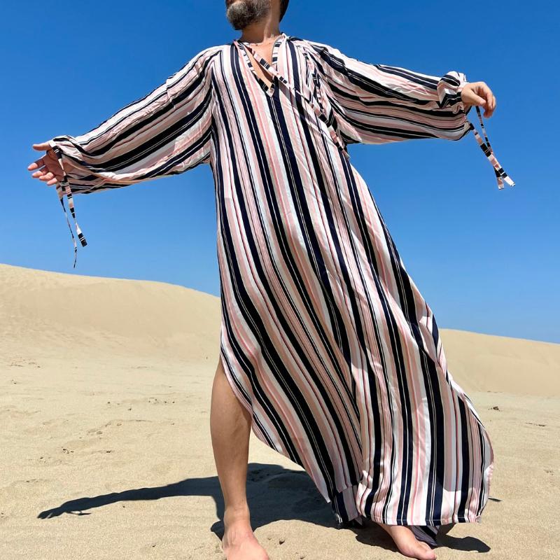 Men's Vintage Casual Striped Sexy Greek Robe 60827526TO