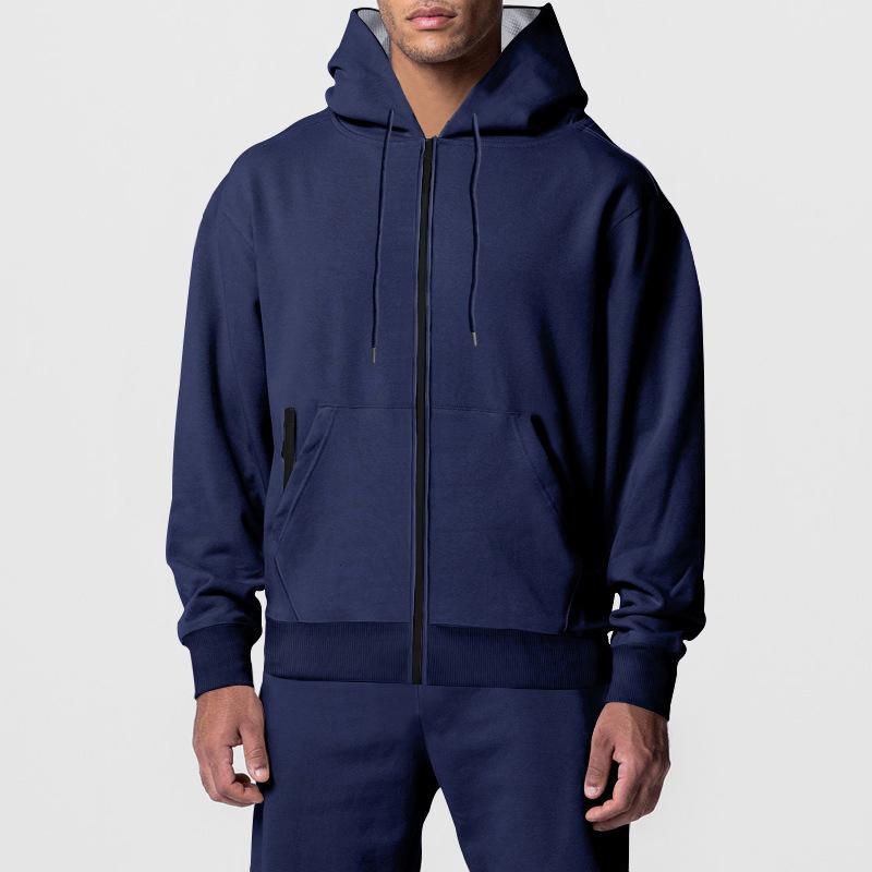 Men's Casual Solid Color Fleece Slim Fit Hooded Zipper Sweatshirt Sweatpants Set 53700824M