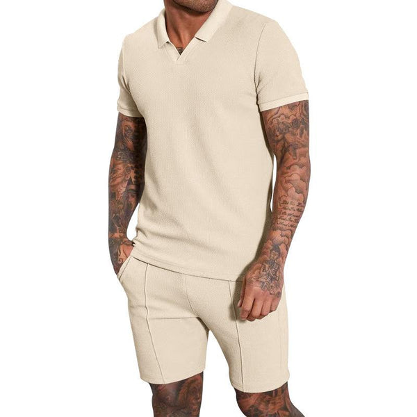 Men's Waffle V-neck Short Sleeve Polo Shirt Shorts Set 36292121Y