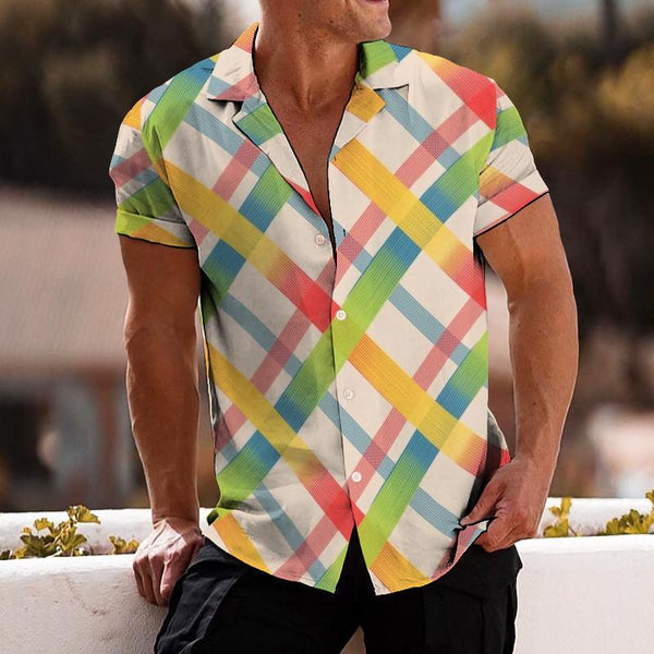 Men's Retro Colorful Plaid Lapel Short Sleeve Shirt 10918372TO