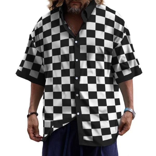 Men's Casual Checkerboard Lapel Short Sleeve Shirt 95155459TO
