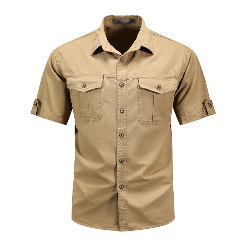 Men's Casual Loose Cotton Lapel Short-Sleeved Work Shirt 95101283M