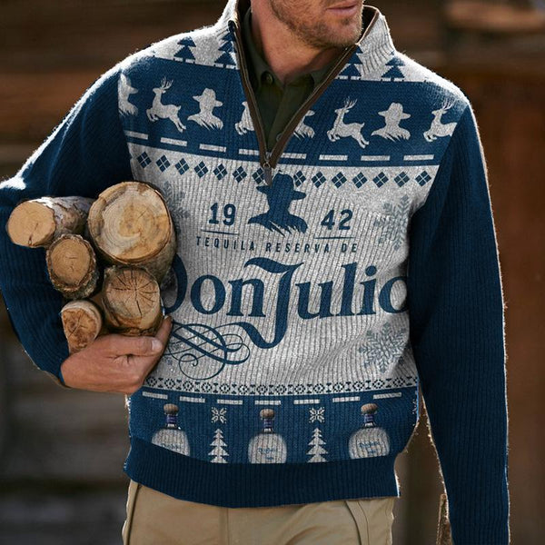 Men's Printed Half-Zip Pullover Stand Collar Sweater 38444304X