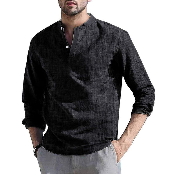 Men's Casual Solid Color V-Neck Long Sleeve Shirt 10053671Y