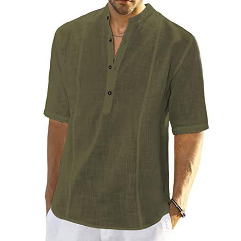 Men's Casual Comfort Linen Stand Collar Half Sleeve Shirt 60279337M