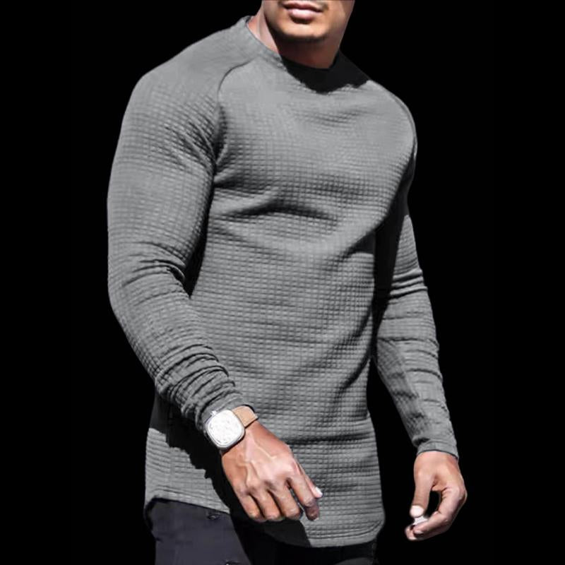 Men's Casual Solid Color Waffle Round Neck Long Sleeve T-Shirt 26370676Y