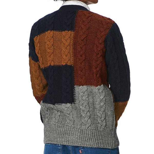Men's Retro Color Contrast Knitted Cardigan V-neck Long-sleeved Sweater Jacket 74769346X