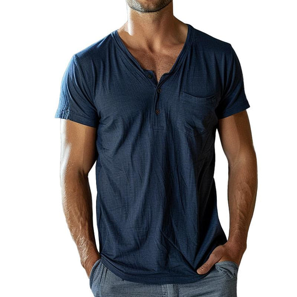 Men's Casual Cotton Linen Henley Collar Patch Pocket Short Sleeve T-Shirt 57762662M