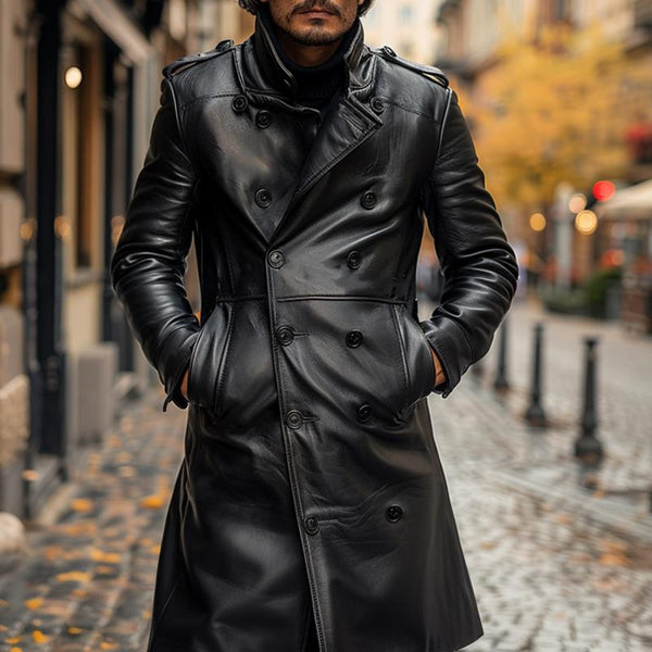 Men's Vintage Double Breasted Leather Coat 27479166X