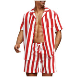 Men's Casual Striped Print Short Sleeve Shirt Shorts Set 98173130Y
