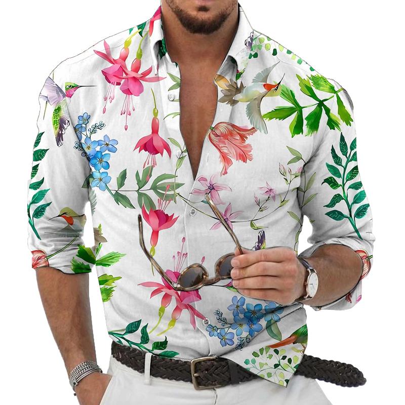 Men's Hawaiian Floral Print Long Sleeve Lapel Shirt 91670035X