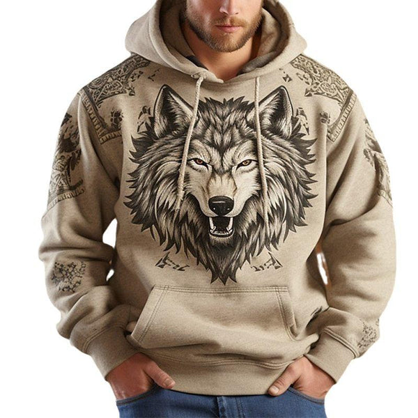 Men's Wolf Print Loose Sports Casual Hoodie 09483123Z