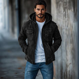 Men's Casual Solid Suede Slim Fit Zip-Up Hooded Jacket 10072711M