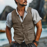 Men's Cotton and Linen Solid Color V-Neck Vest 87520569X