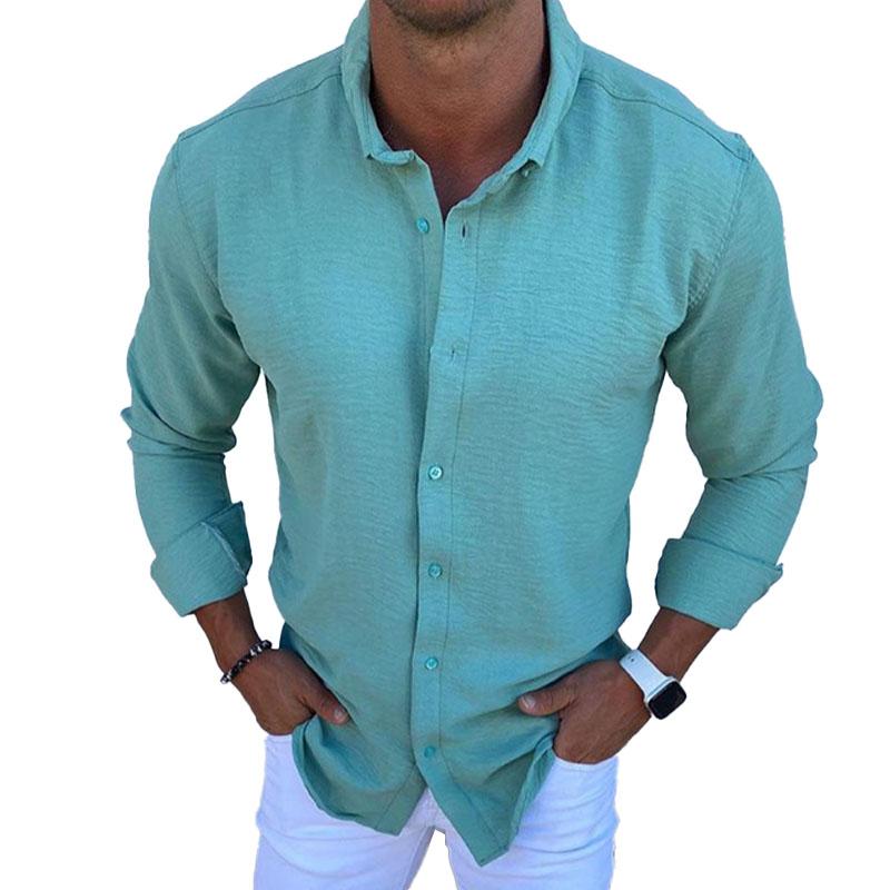 Men's Casual Lapel Solid Color Cotton Linen Single Breasted Long Sleeve Shirt 03320073M