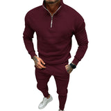 Men's Solid Color Casual Sports Zipper Stand Collar Two-Piece Set 58575500X