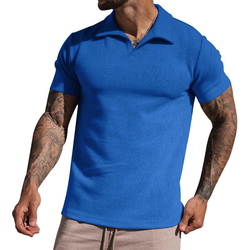 Men's Waffle Loose Short Sleeve Solid Color Casual Lapel Polo Shirt 49265793Z