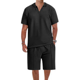 Men's Waffle Lapel Solid Color T-shirt Shorts Two-piece Set 11666164X