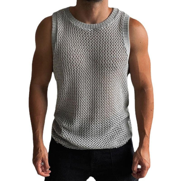 Men's Solid Color Round Neck Sleeveless Hollow Knit Vest 38942658X