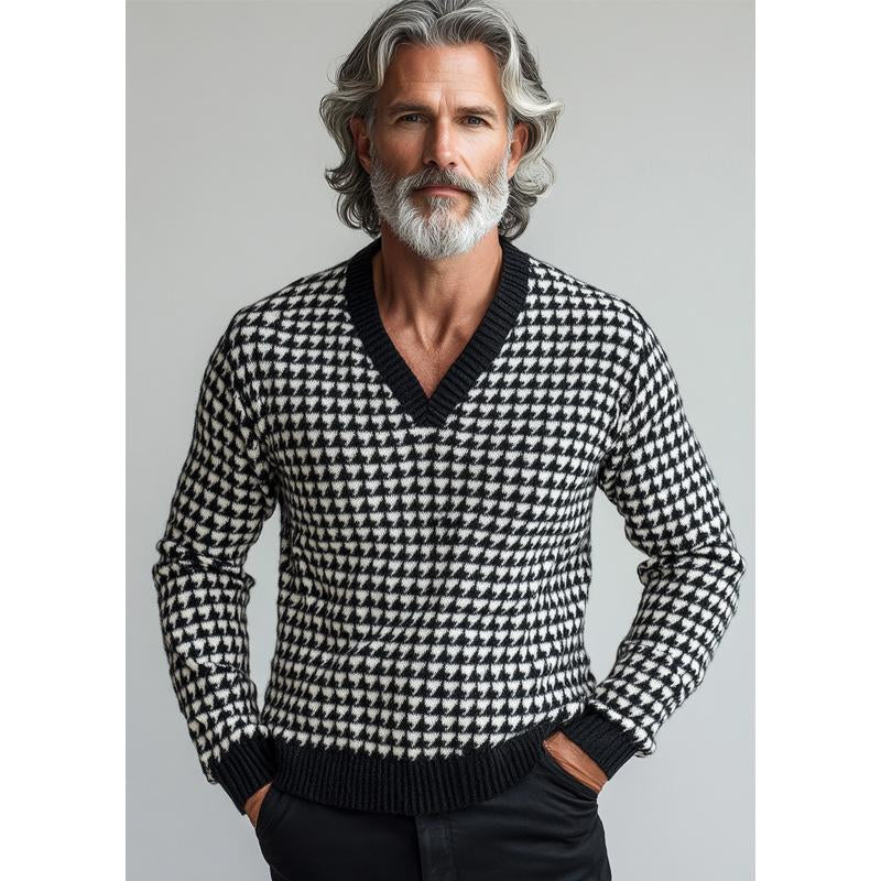 Men's Vintage Houndstooth Jacquard V Neck Sweater 36946205Y