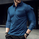 Men's Solid Color Lapel Arm Pockets Long Sleeve Polo Shirt 43750120Z